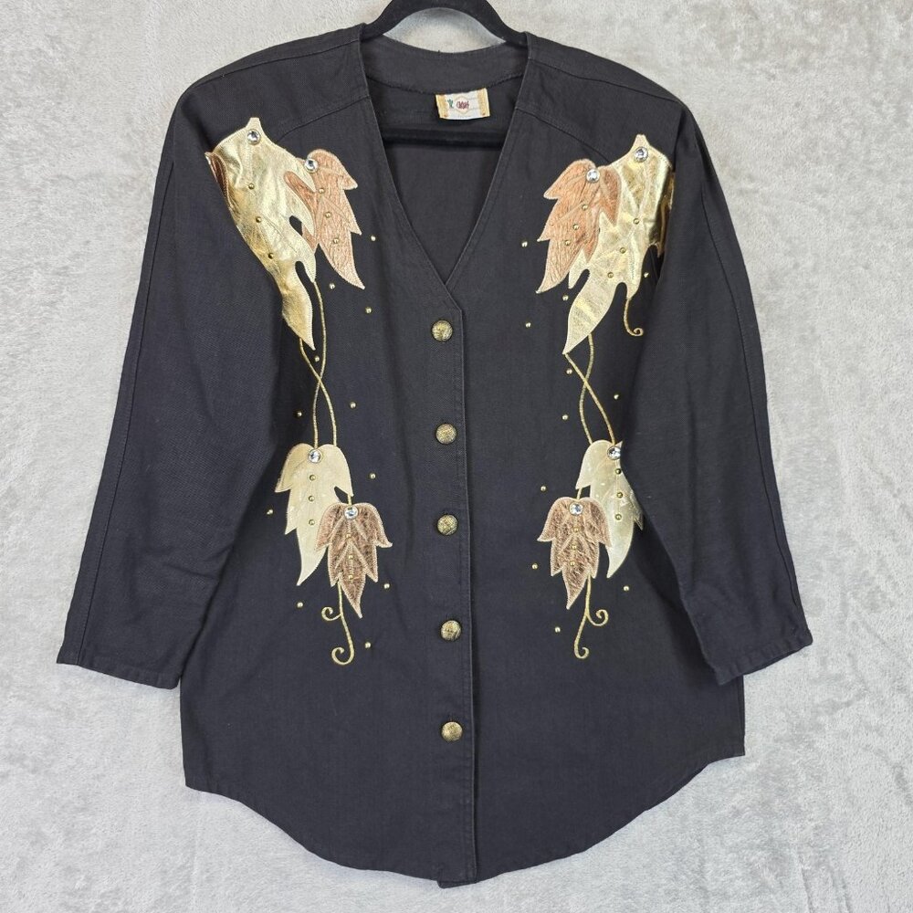 Cactus California Shirt Womens Size Unmarked Black Embroidered Leaf Tunic Top